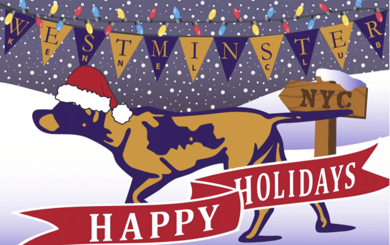 Illustration of a dog wearing a Santa hat with "Westminster Kennel Club" flags above, "NYC" sign, and "Happy Holidays" banner in snowy setting with string lights.